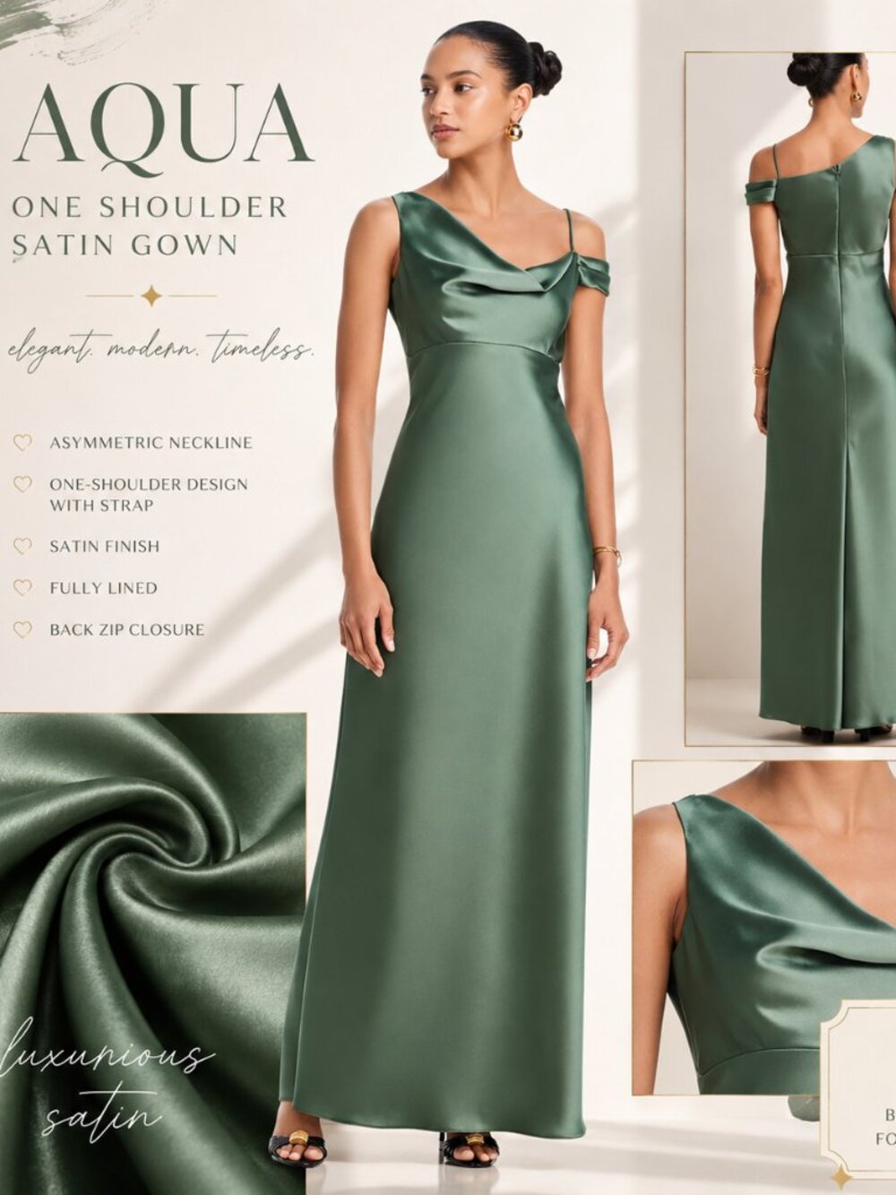 AQUA Green Satin One Shoulder Cowl Neck Formal Gown Dress Size 4